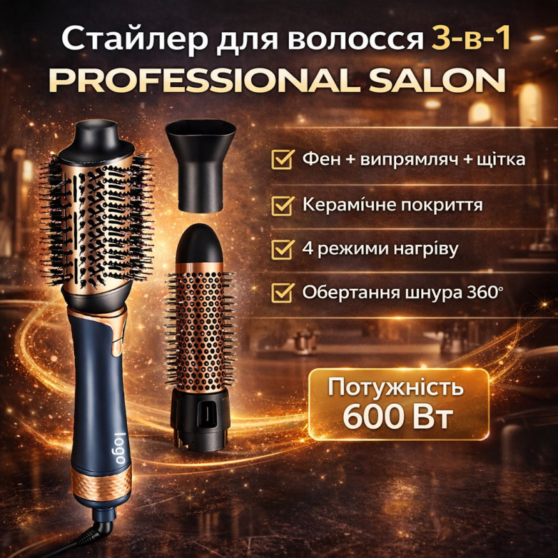 Професійний стайлер для волосся 3-в-1 New Professional Salon - фен-щітка, випрямляч і укладання | 600W | 4 режими нагріву