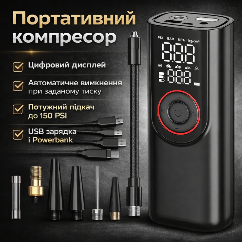 Портативний автомобільний компресор насос 12в  для автошин